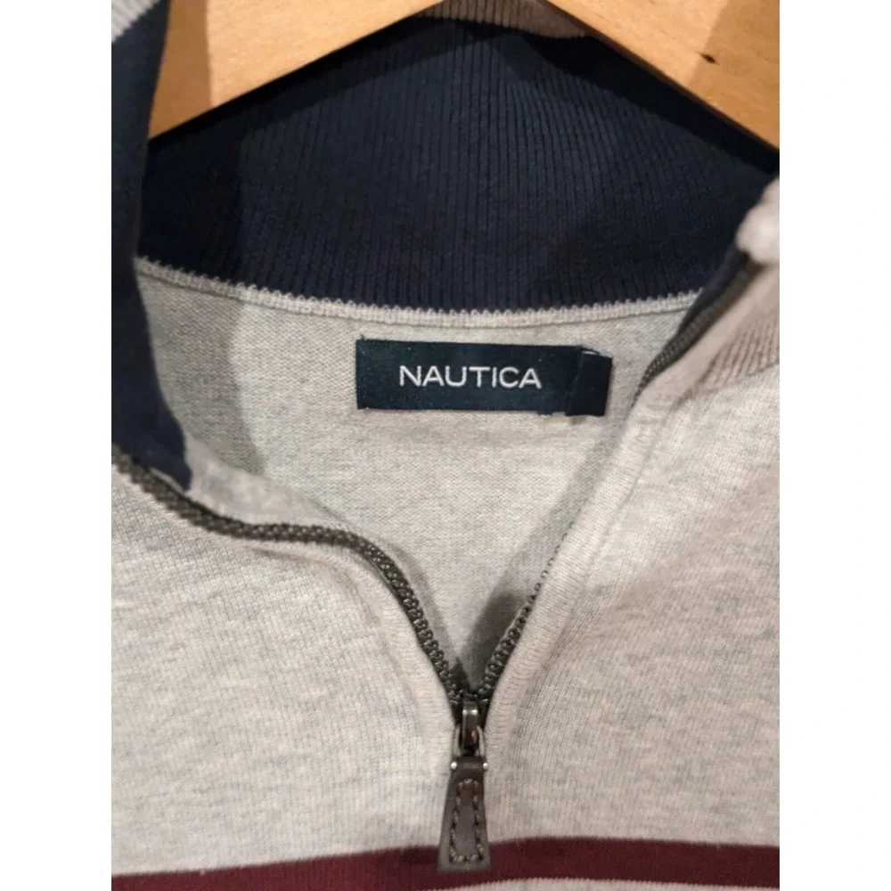 Nautica Men's L Gray Striped‎ Quarter Zip Pullover Sweater Logo Preppy Classic